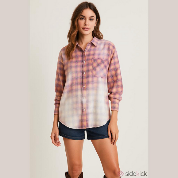 BiBi Tops - NWT BIBI Plaid Button Down Shirt Women’s Medium Bleached Oversized Pink Grunge